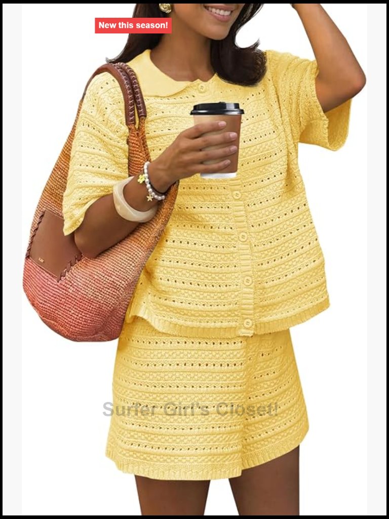2 Piece Crochet Knit Cover Up Set Button Cardigan And Shorts Swimwear Beach